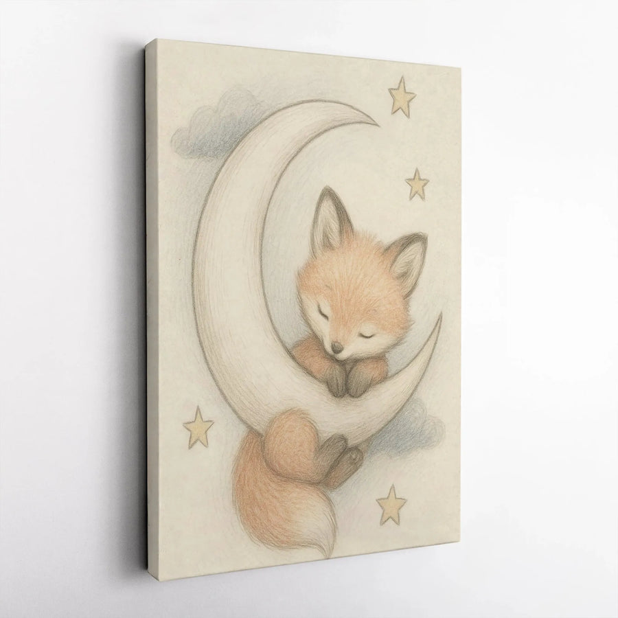 Baby Fox Canvas Wall Art | Sleeping Moon and Stars Illustration | Premium Gallery Wrap Nursery Decor | Gender Neutral Baby Shower Gift