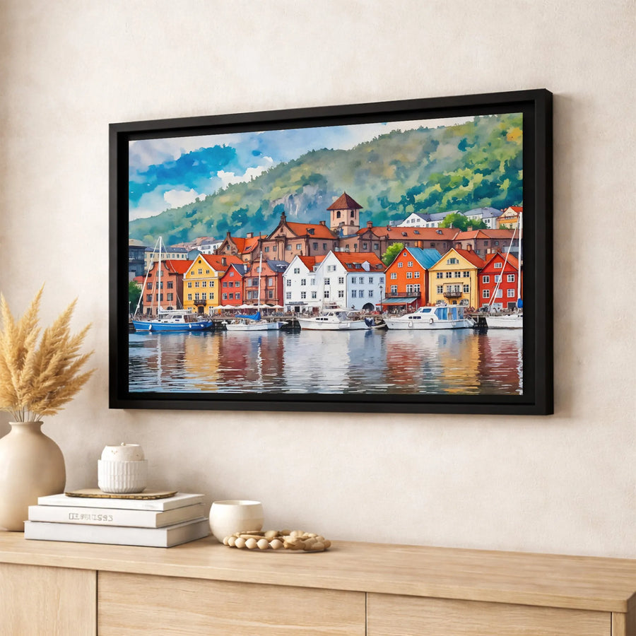 Bergen Norway Harbor Canvas Print | Watercolor Colorful Houses Wall Art | Premium Gallery Wrapped 1.25" Profile | Travel Decor Gift for Wanderlust Lovers