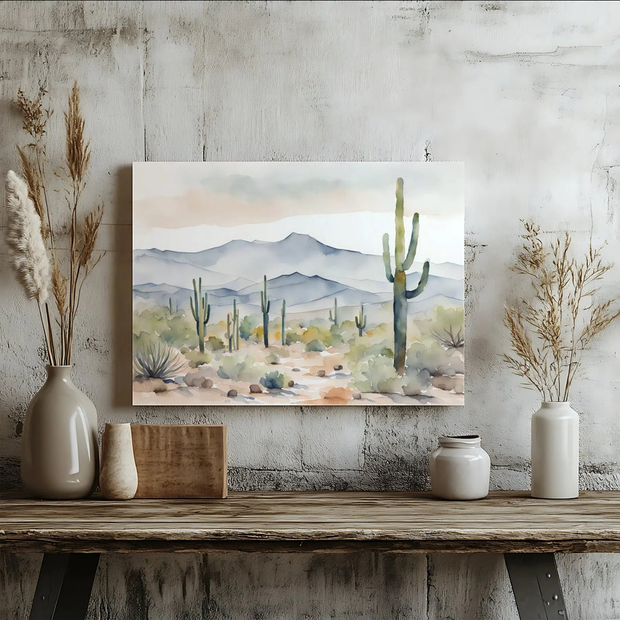 Watercolor Desert Landscape Canvas | Saguaro Cactus & Mountain Scenery | Premium 1.25" Thick Profile | Southwestern Home Decor Gift