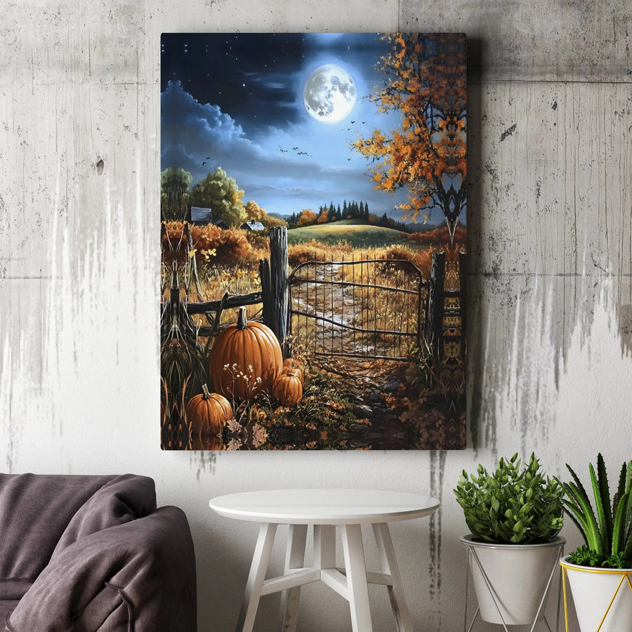 Autumn Farmhouse Canvas Wall Art | Moonlight Pumpkin Patch Scene | Gallery-Wrapped Premium Print | Rustic Fall Home Decor Gift