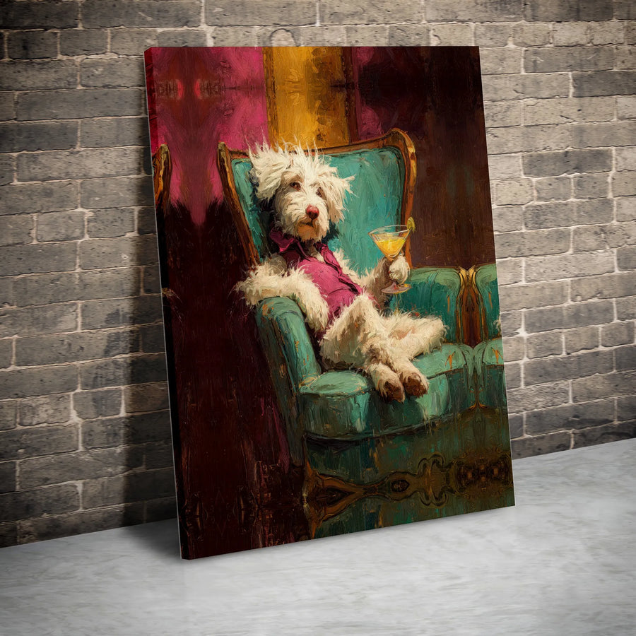 Funny Dog Wall Art Canvas | Scruffy Dog Drinking Martini Painting Style | Premium Gallery Wrapped Print | Unique Bar Cart Decor Gift for Dog Lover
