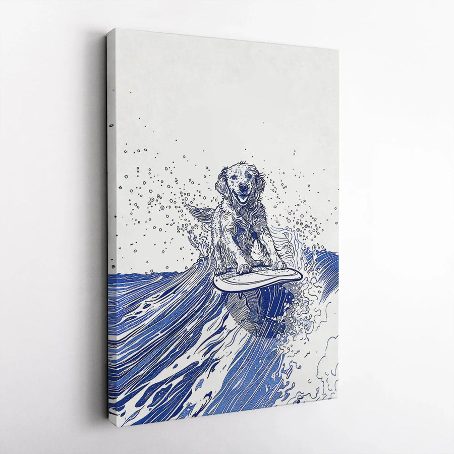 Surfing Dog Vertical Canvas | Minimalist Golden Retriever Sketch | Thick 1.25" Gallery Wrap | Premium Gift for Dog Lover, Beach House Wall Art