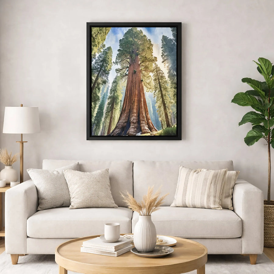 Giant Sequoia Tree Canvas Wall Art | Watercolor Forest Landscape Painting | Premium Fade-Resistant Print | Nature Lover Home Decor Gift
