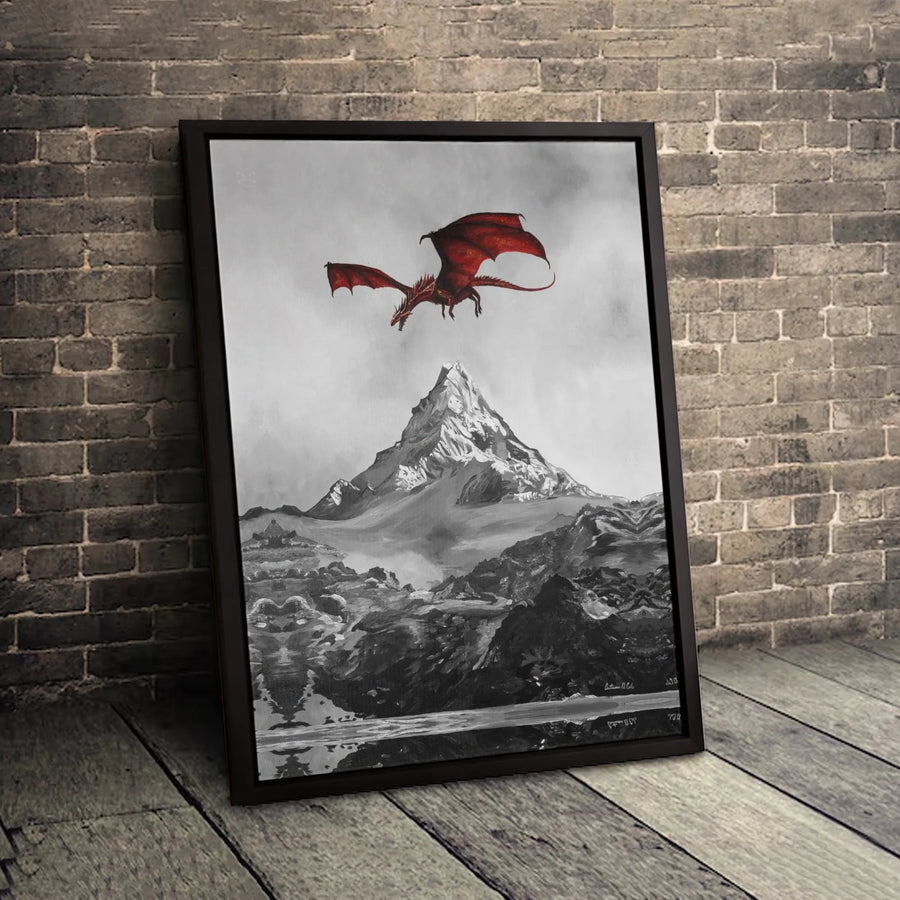 Red Dragon Canvas Wall Art | Snowy Mountain Fantasy Landscape Print | 1.25 Inch Gallery Wrap | Gift for Fantasy Fans & Gamer Room Decor
