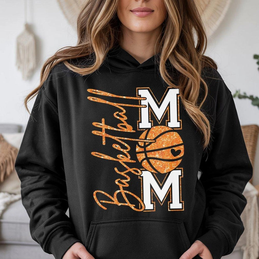 Basketball Mom Hoodie | Glitter Basketball Graphic Print | Soft Premium Fleece Blend | Perfect Gift for Basketball Team Supporters and Sports Mamas