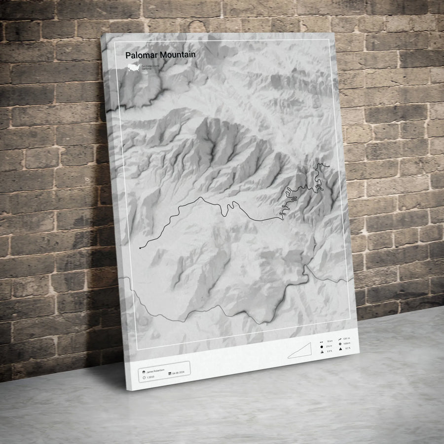 Palomar Mountain Map Canvas Print | Minimalist Topographic Trail Art | Premium Gallery Style Wall Decor | Collector's Gift for Cyclist or Hiker