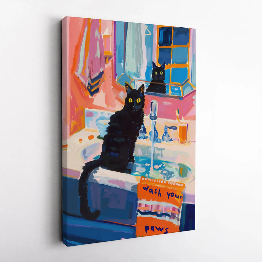 Black Cat Canvas Wall Art | Vibrant Painting with Funny 'Wash Your Paws' Sign | Premium Gallery Wrap Canvas | Modern Home Decor Gift for Cat Lover