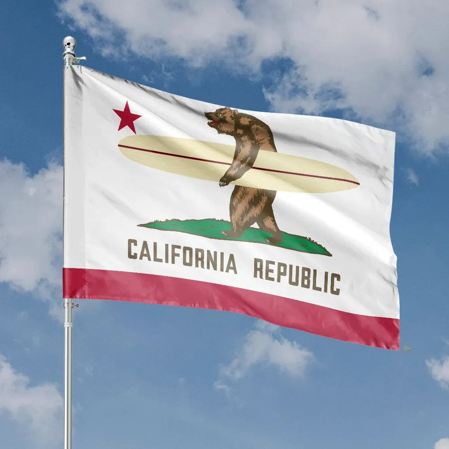 California Surfing Bear House Flag | Funny California Republic Surf Design | Weatherproof Double-Sided Polyester | Outdoor Decor Gift for Surfers