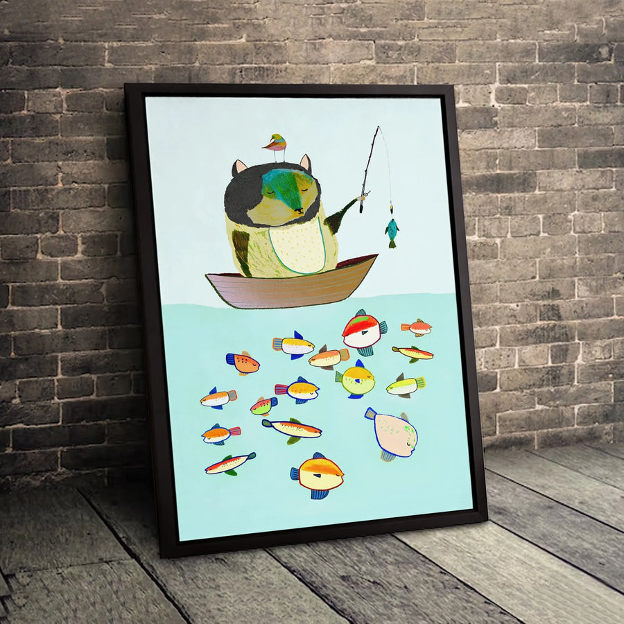 Whimsical Cat Fishing Canvas Wall Art | Colorful Nautical Animal Illustration | Premium Gallery Wrapped Print | Cute Nursery Or Office Decor Gift