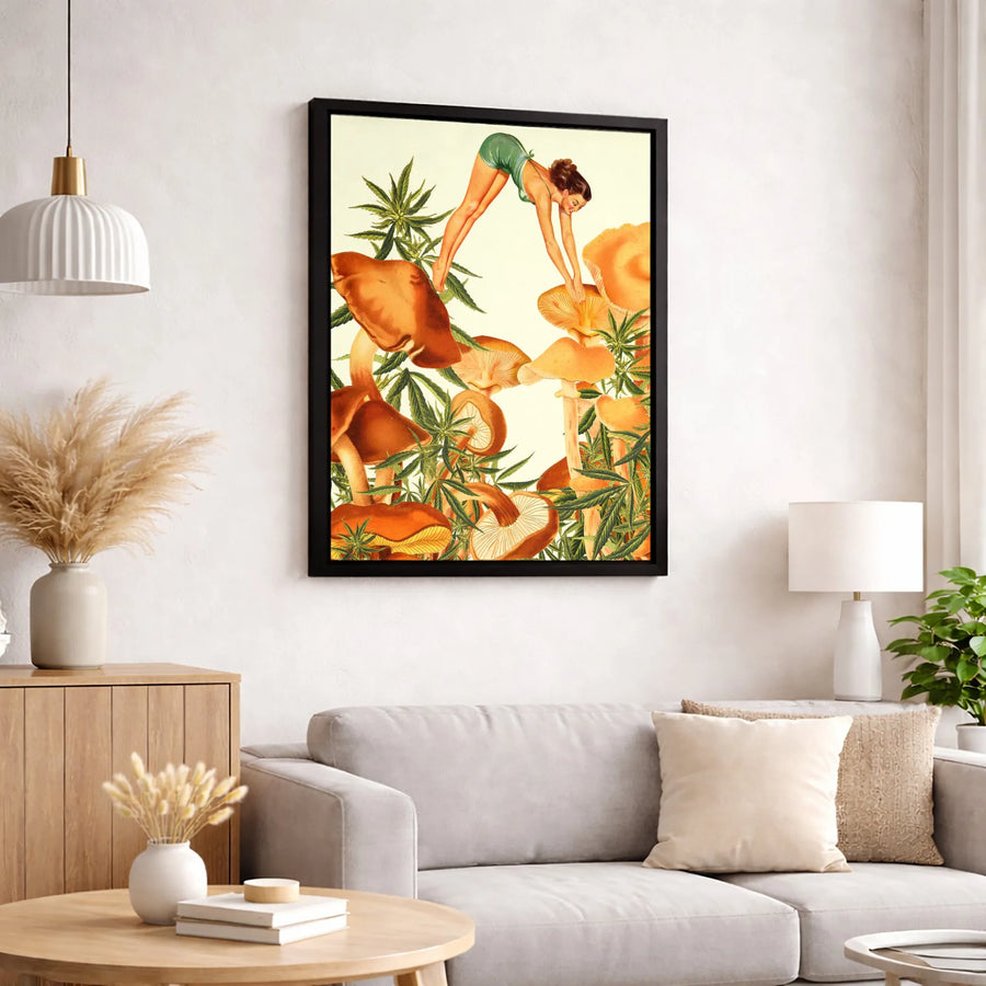 Vintage Pin Up Girl Canvas | Retro Mushroom and Marijuana Aesthetic Art | Premium 1.25 Inch Thick Gallery Wrap | Unique Boho Wall Decor for Home