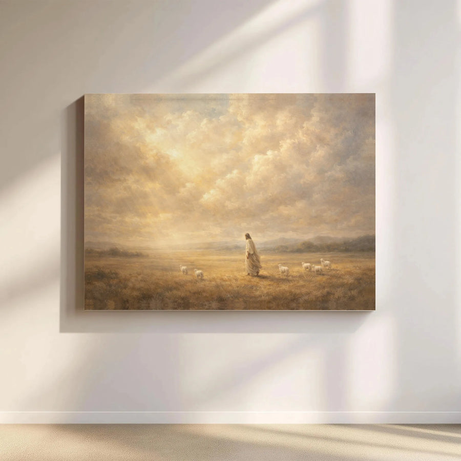 Good Shepherd Jesus Christian Wall Art Horizontal Canvas | Classic Painterly Landscape with Sheep | Fade-Resistant 1.25" Profile | Premium Sacred Collector's Gift for Home Decor