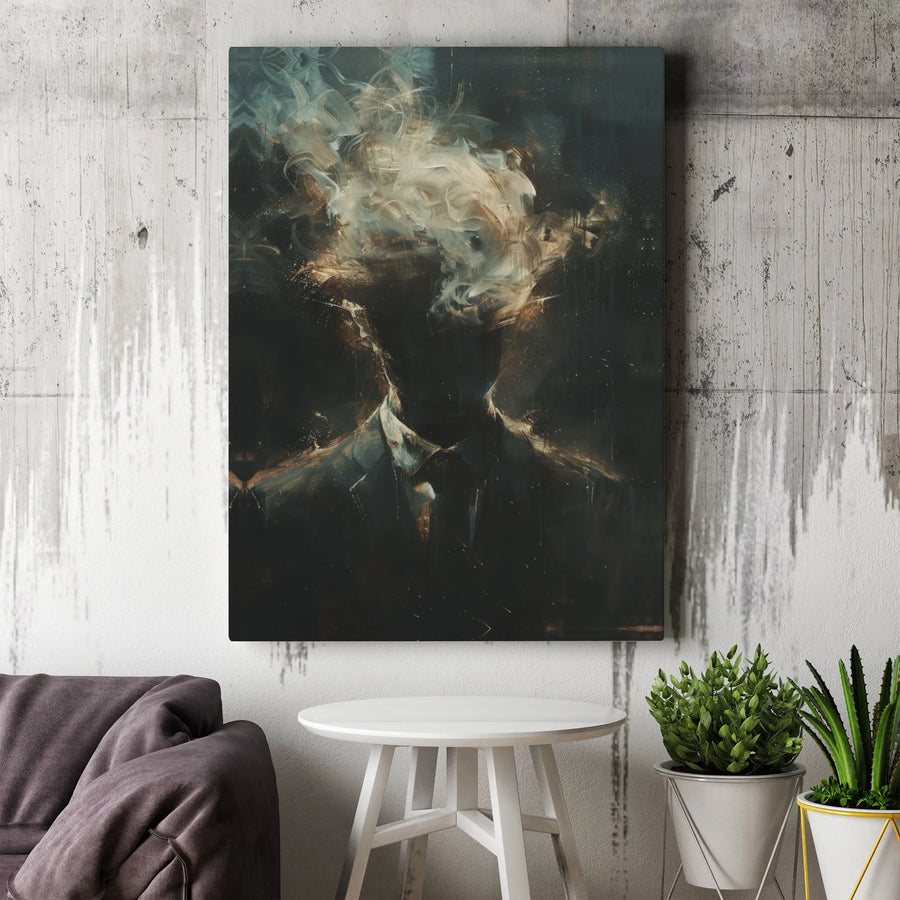 Surreal Man in Suit Canvas Art | Abstract Exploding Smoke Head Portrait | Gallery Wrapped Premium Wall Decor | Moody Office and Home Office Gift