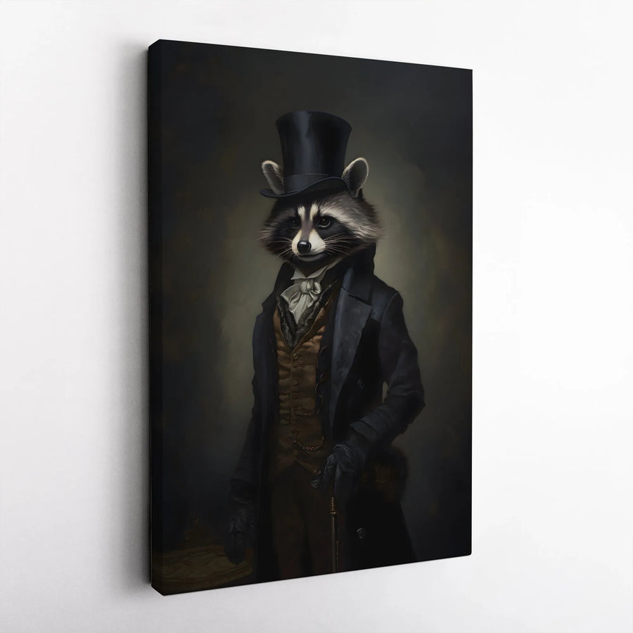 Victorian Raccoon Gentleman Canvas Print | Whimsical Anthropomorphic Animal Portrait | 1.25" Gallery Wrap | Unique Home Office Wall Decor Gift
