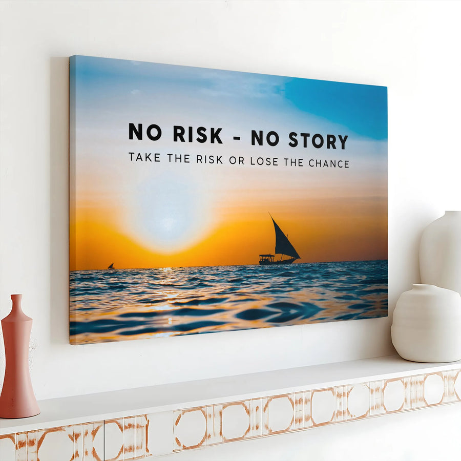 No Risk No Story Canvas Art | Motivational Sunset Sailboat Print | 1.25-Inch Gallery Wrap | Premium Office & Home Wall Decor Gift