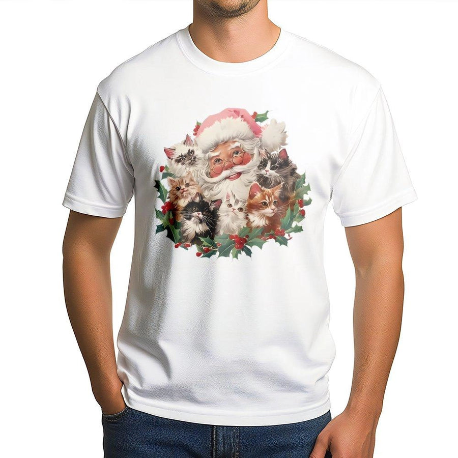 Santa and Kittens Christmas T-Shirt | Retro Festive Cat Lover Graphic | Soft Premium Cotton Tee | Whimsical Holiday Gift for Cat Moms and Dads