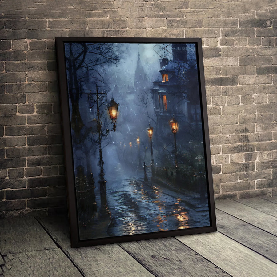 Rainy Night Street Canvas Art | Gothic Cobblestone Lamp Post Print | Premium Gallery-Wrapped Wall Decor | Moody Atmospheric Home Gift