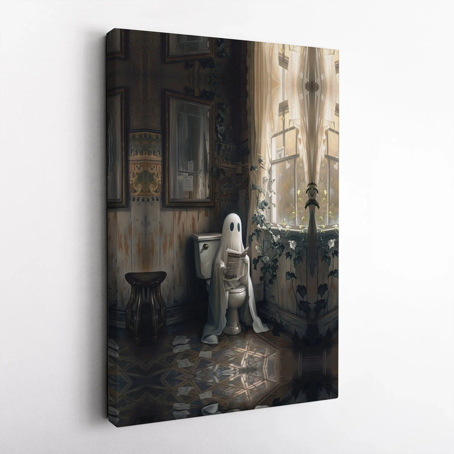 Ghost Reading Newspaper on Toilet Canvas Art | Whimsical Bathroom Wall Decor | Premium Gallery Wrap Print | Funny Halloween Home Gift