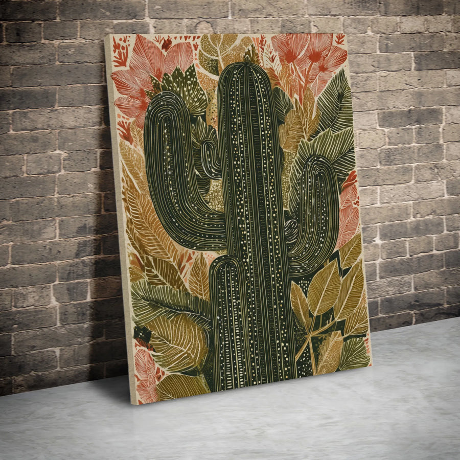 Desert Cactus Vertical Canvas | Boho Botanical Illustration | Premium Frameless Canvas | Southwestern Living Room Decor Gift