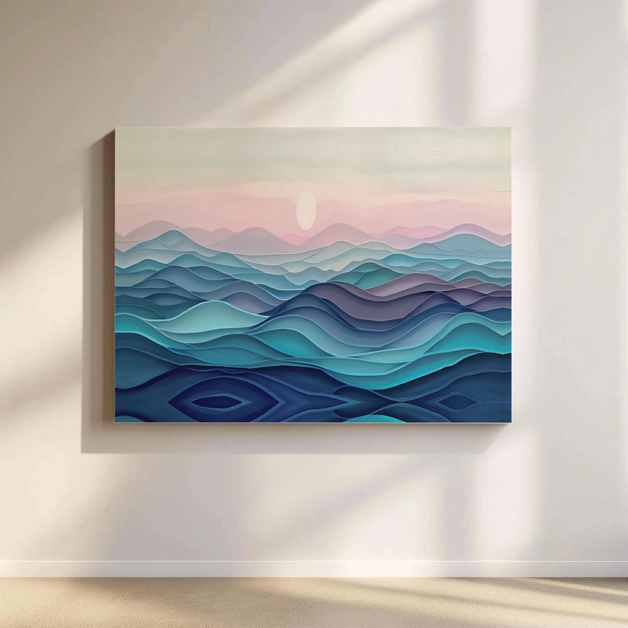 Abstract Ocean Waves Canvas Art | Layered Pastel Sunset Landscape | Premium Gallery Wrap Wall Decor | Modern Home & Office Decor Gift