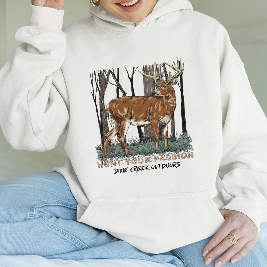 Buck Deer Hunting Hoodie | Hunt Your Passion Graphic Print | Premium Cotton Blend Sweatshirt | Wildlife Lover Gift For Men And Women