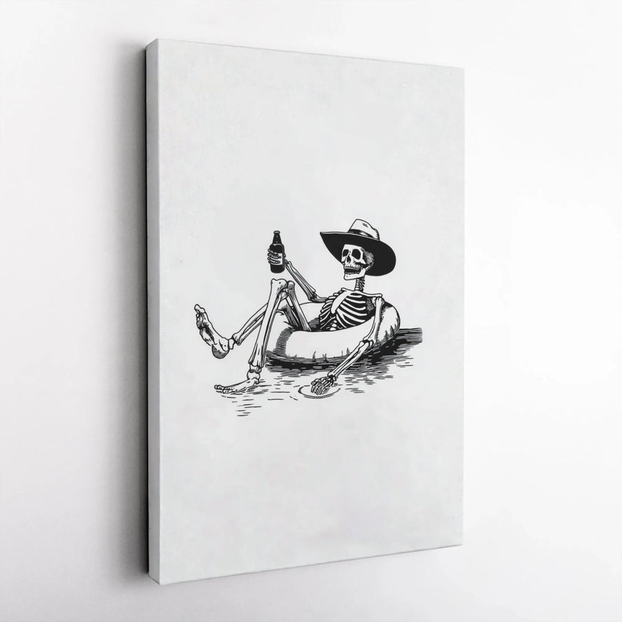 Skeleton Cowboy Canvas Wall Art | Relaxing Pool Floatie Illustration | Premium Gallery Wrap Decor | Unique Western Drinking Gift