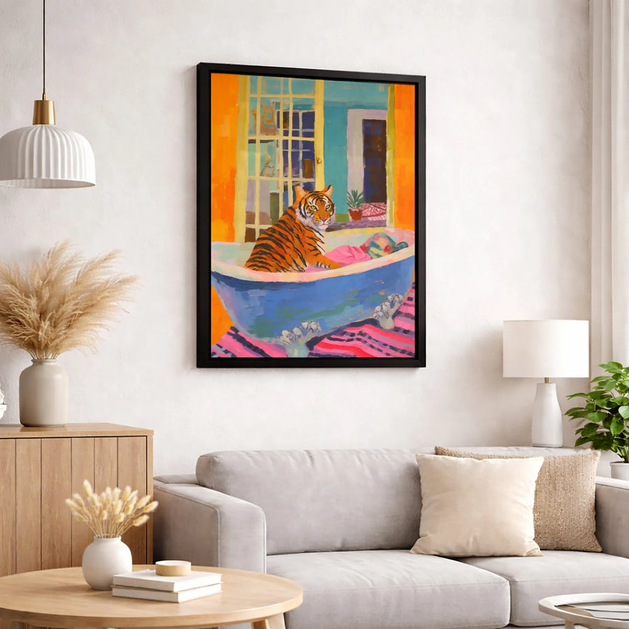 Tiger in Bathtub Canvas Wall Art | Colorful Maximalist Animal Print | Premium 1.25-Inch Gallery Wrap | Whimsical Home Decor Gift