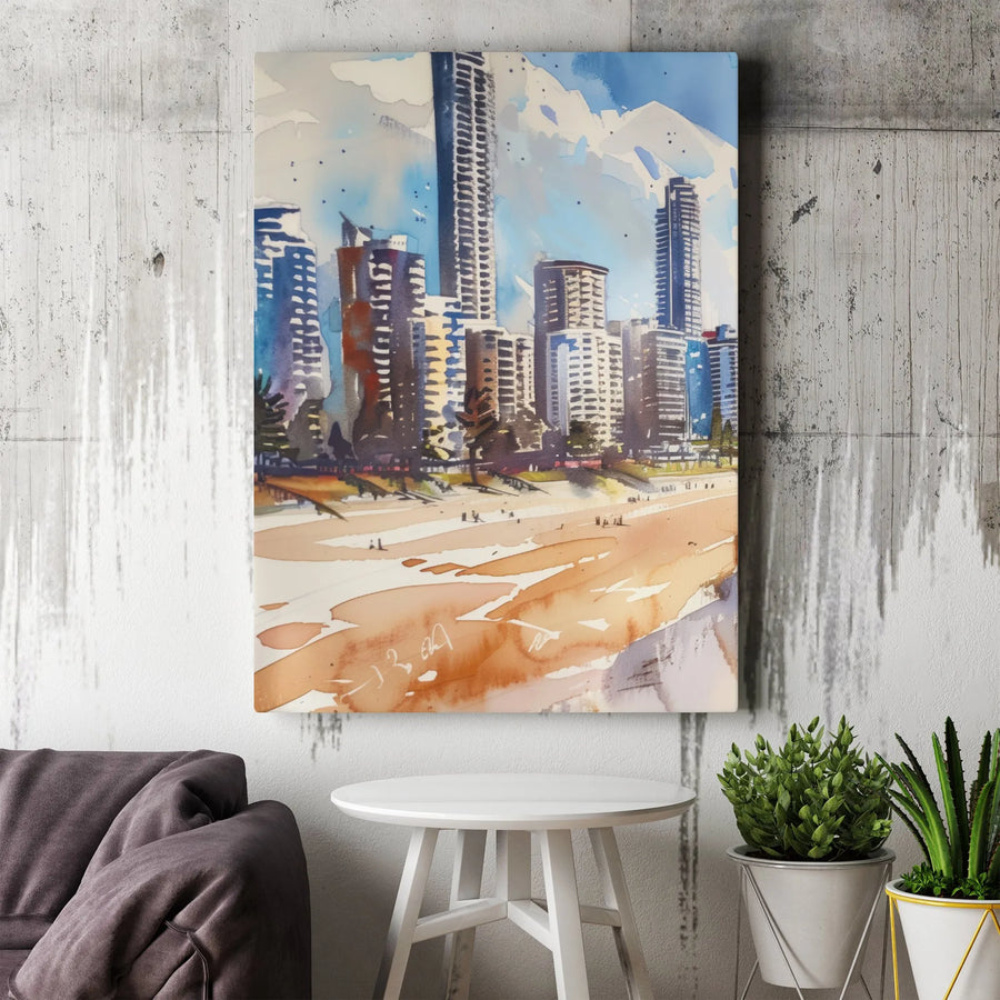 Modern City Skyline Canvas | Watercolor Beach Town Art | Premium Gallery Wrapped Print | Coastal Home Office Wall Decor
