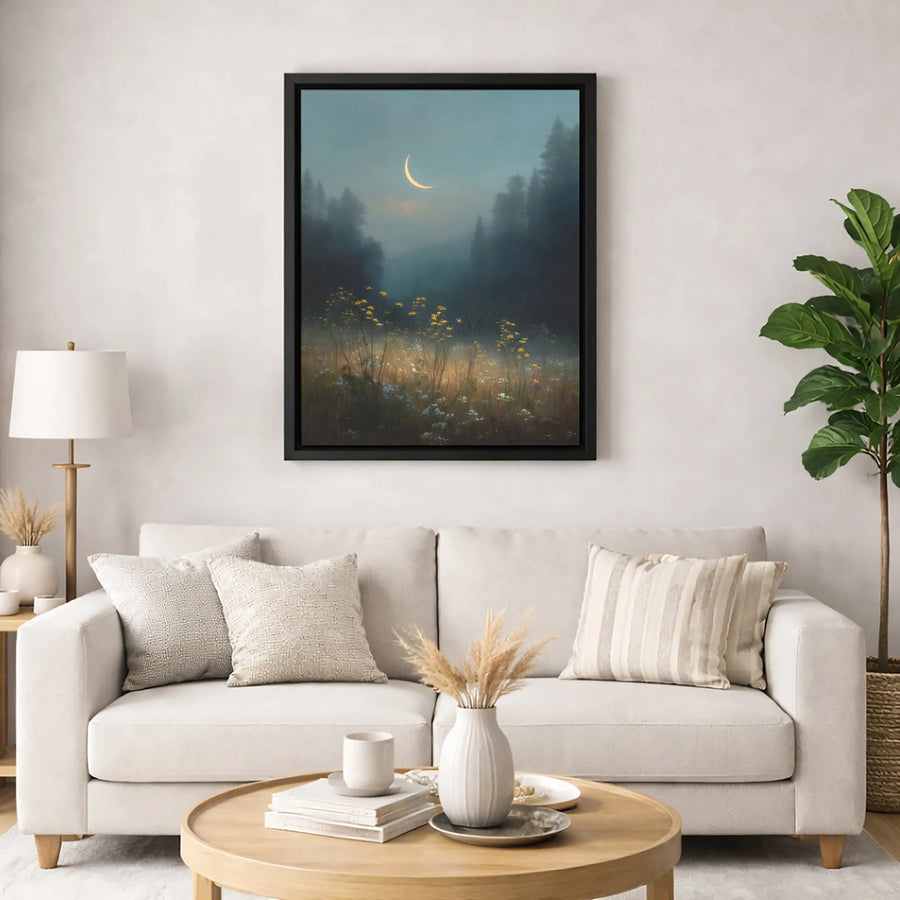 Crescent Moon Wall Art | Misty Forest Wildflower Landscape | Gallery Quality Canvas Print | Botanical Home Decor Nature Gift