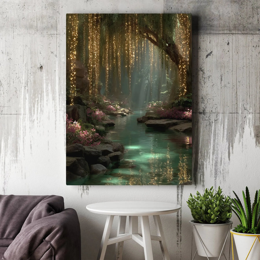 Enchanted Forest Canvas Print | Glowing Fairy Light River Landscape | Premium Gallery Wrapped Wall Art | Magical Nature Home Decor Gift