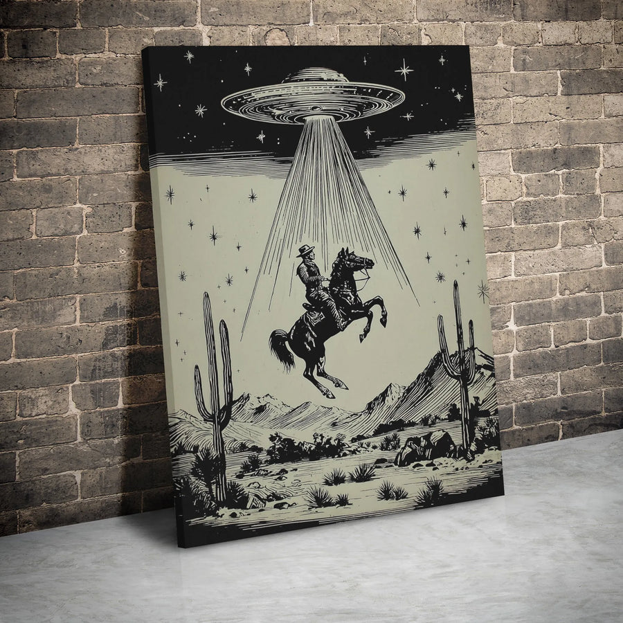Western Cowboy UFO Canvas Wall Art | Surreal Desert Alien Abduction Print | Premium Gallery Wrap Decor | Unique Sci-Fi Home Gift