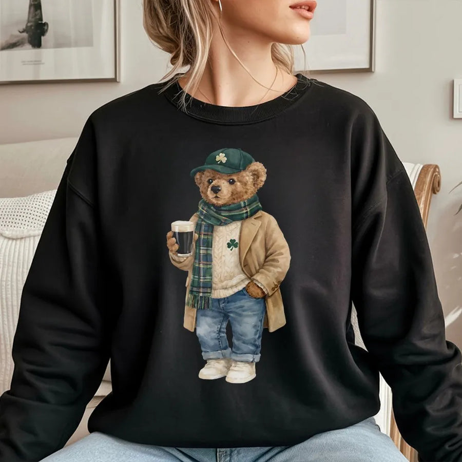 St. Patricks Day Teddy Bear Sweatshirt | Irish Pub Crawl Shamrock Graphic | Cotton Blend Premium Crewneck | Funny Beer Gift For Him Her