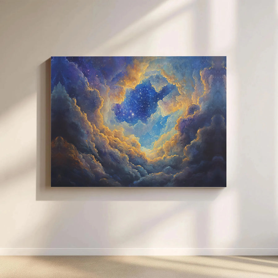 Celestial Starry Night Sky Canvas | Golden Nebula Clouds Wall Art | 1.25-Inch Gallery Wrap Premium Print | Dreamy Modern Decor for Home or Office