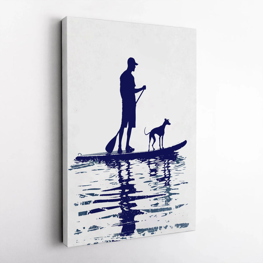 Stand Up Paddleboarding Canvas Art | Man And Greyhound Silhouette | Premium Gallery Wrap Print | Gift For Dog Lovers And Water Sports Enthusiasts