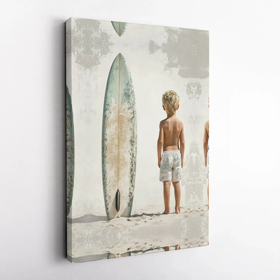 Beach Surfboard Wall Art | Minimalist Young Boy Surfer Portrait | Gallery Quality 1.25" Framed Canvas | Coastal Home Decor Nursery Gift