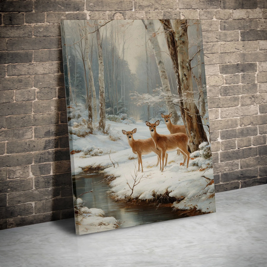 Three Deer In Snowy Forest Canvas | Winter Wildlife Wall Art | Gallery Quality 1.25 Inch Thick Profile | Nature Lover Home Decor Gift