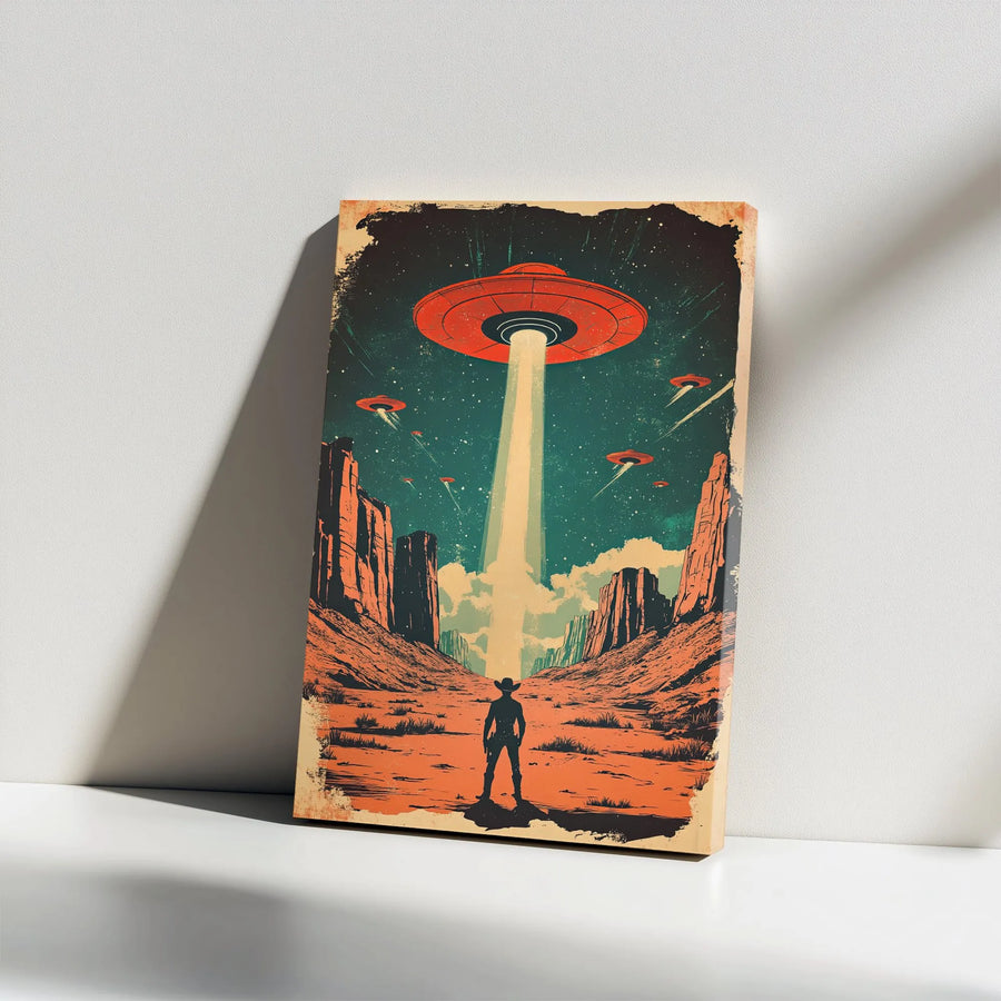 Retro Sci-Fi Canvas Wall Art | Vintage Cowboy & Alien Invasion Poster | Premium Thick Gallery Wrap | Collector's Gift for UFO Fans