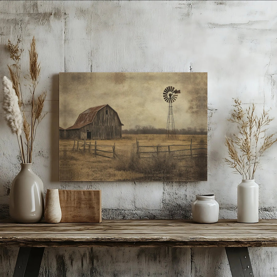 Rustic Farmhouse Wall Art | Vintage Barn and Windmill Landscape | Premium Gallery-Wrapped Canvas | Country Home Decor Gift