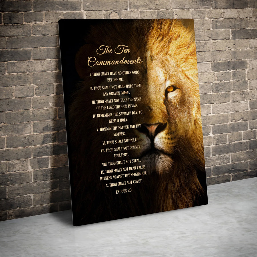Ten Commandments Wall Art | Majestic Lion Face Religious Canvas | Premium Gallery Wrapped Decor | Christian Home Office Gift for Him