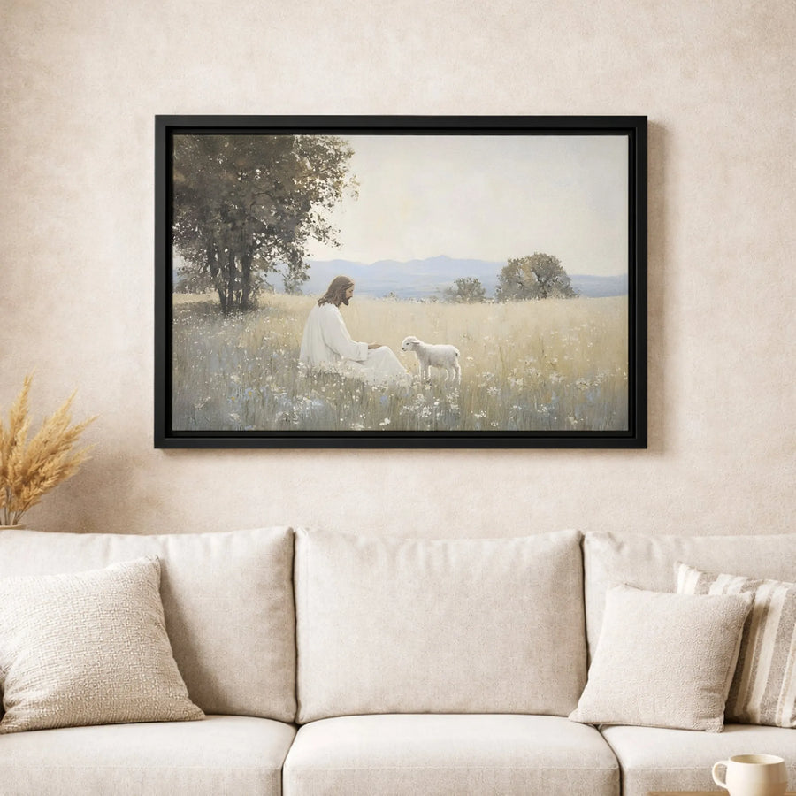Jesus With Lamb Canvas Wall Art | Serene Christian Meadow Painting | Premium Gallery Wrap Print | Faithful Home Decor Gift for Believers