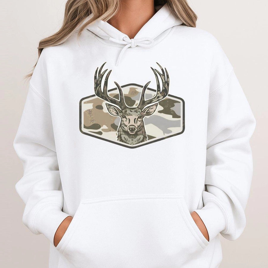 Whitetail Deer Camo Hoodie | Rustic Antler Hunting Graphic | Premium Cotton Blend | Gift For Hunter, Outdoorsman, Wildlife Enthusiast