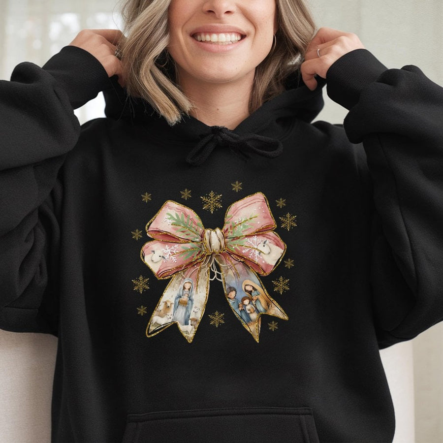 Nativity Scene Hoodie | Religious Coquette Bow Design | Cotton-Poly Blend | Christian Christmas Gift for Women