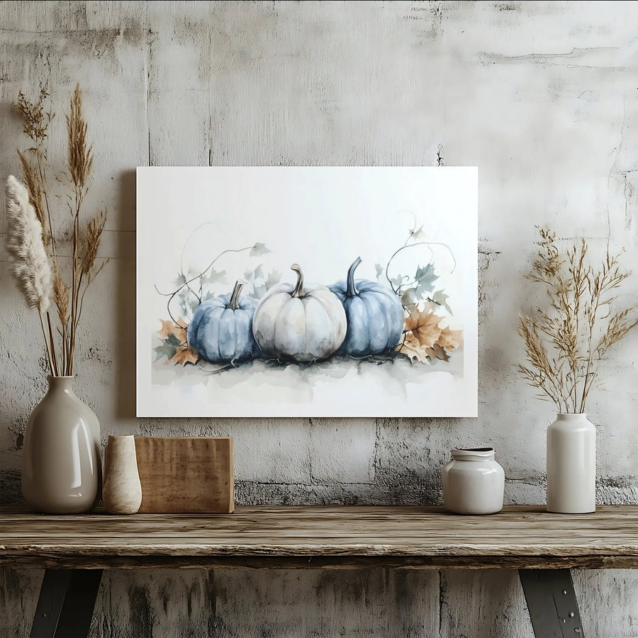 Watercolor Pumpkin Canvas Art | Blue and White Fall Farmhouse Decor | Gallery Wrapped Premium Print | Seasonal Thanksgiving Wall Decor for Home