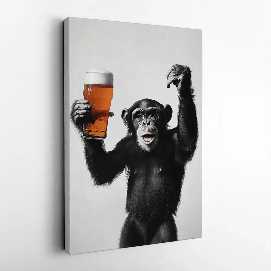 Funny Chimp with Beer Canvas Print | Black and White Animal Photography | Premium Gallery Wrapped Canvas | Man Cave Decor Gift for Beer Lover
