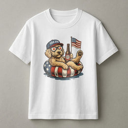 Patriotic Doodle T-Shirt | Funny USA 250th Anniversary Dog with Beer | Cozy Cotton Blend Unisex Crewneck | 4th of July Gift for Dog Lover