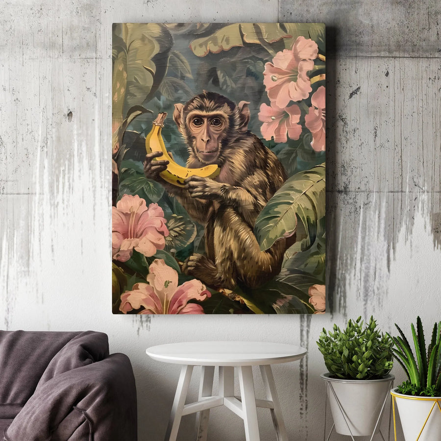 Vintage Monkey Canvas Wall Art | Tropical Jungle with Pink Flowers | Premium Gallery Wrapped Canvas | Eclectic Home Decor Art Gift