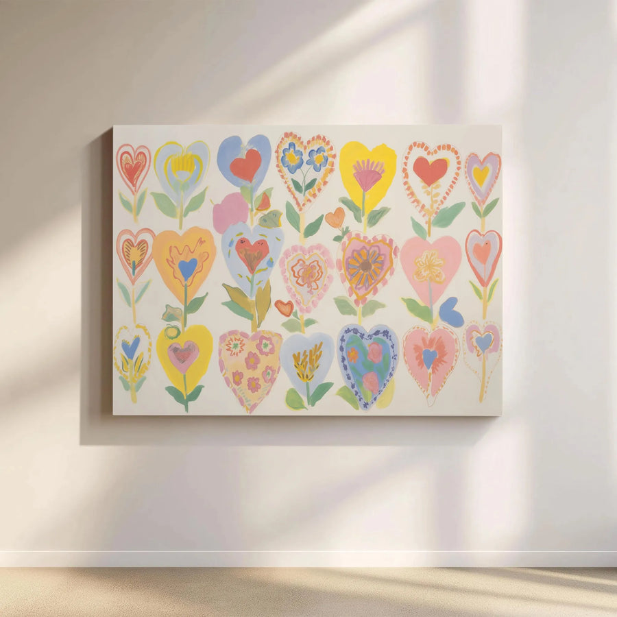 Colorful Heart Flower Wall Art | Folk Art Botanical Print | Gallery Wrapped Premium Canvas | Whimsical Nursery & Living Room Decor