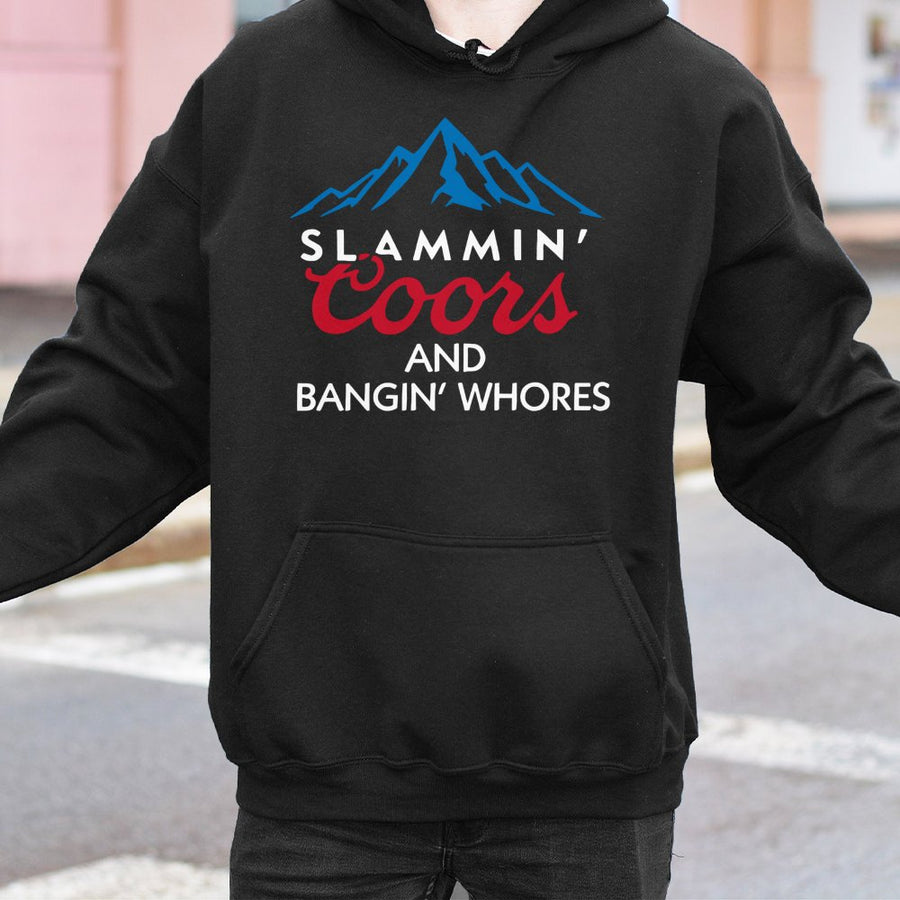 Coors Hoodie Slammin' Coors & Bangin' Whores Bold Graphic Heavyweight Black Lori Hynes Design Us Made Menswear