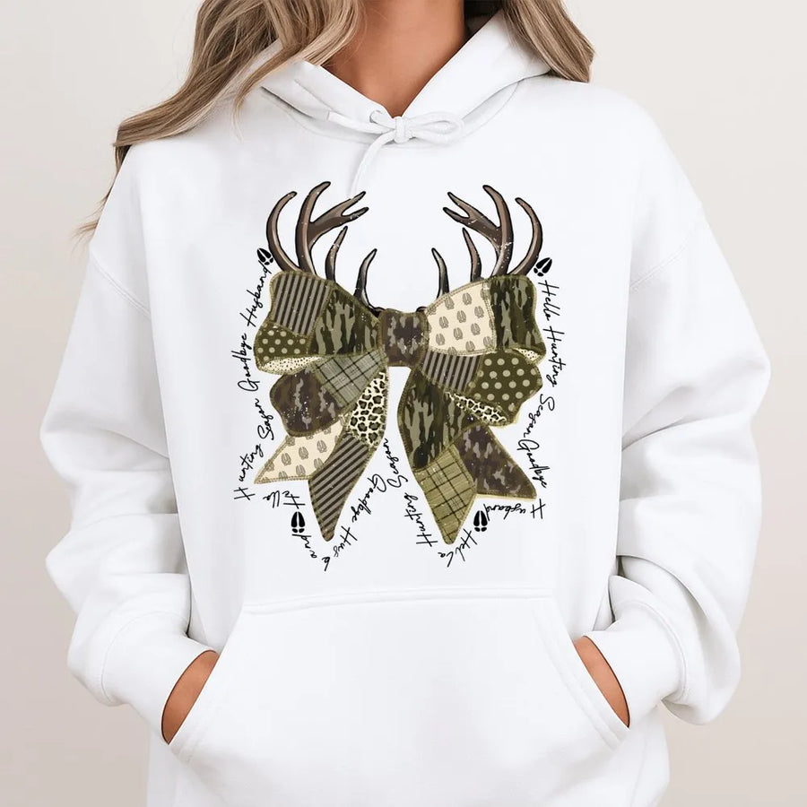Hello Hunting Season Goodbye Husband Hoodie | Deer Antler Camo Bow Design | Premium Soft Fleece | Funny Gift For Hunting Wives