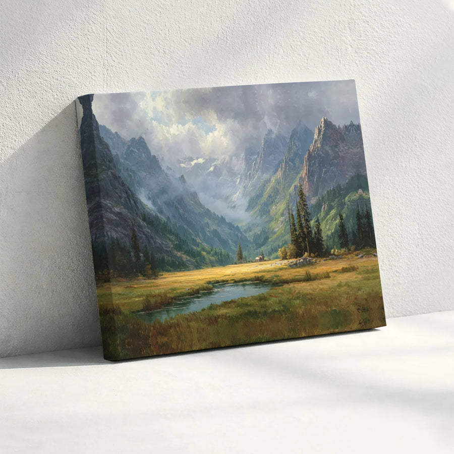 Mountain Landscape Canvas Wall Art | Serene River Cabin Meadow Scene | Gallery Quality Framed Print | Nature Lover Gift for Home Office Decor
