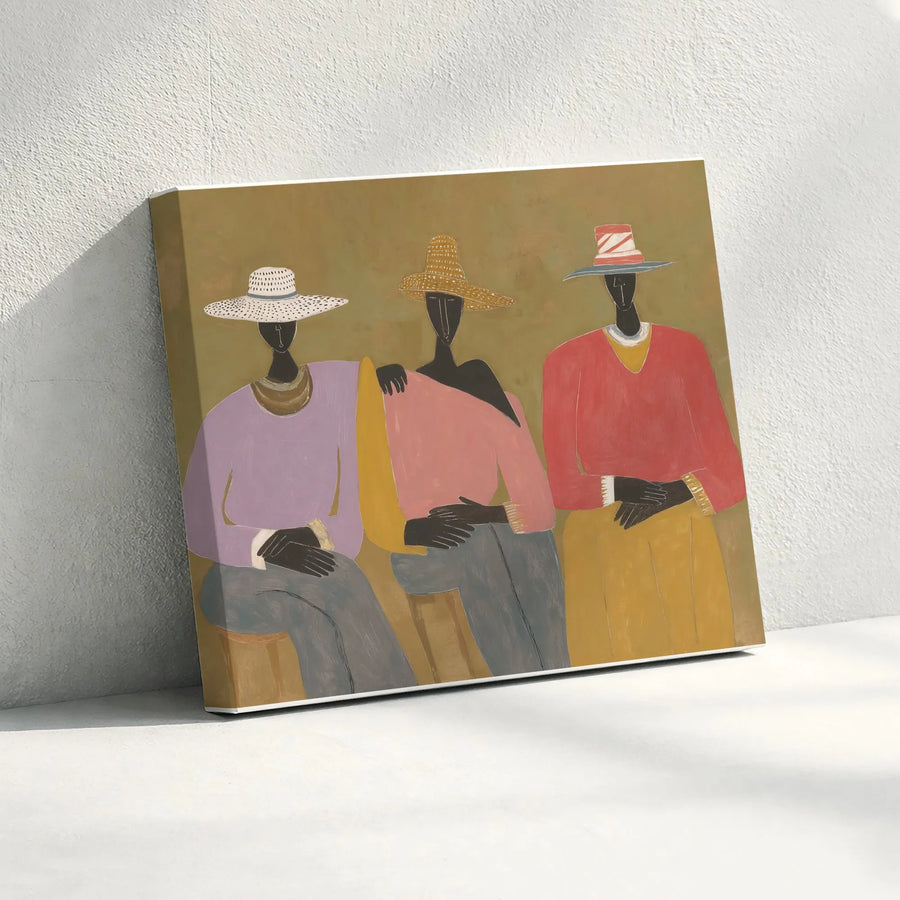 Modern Abstract Figurative Canvas Art | Three Seated Women In Hats | Gallery Wrapped Premium Print | Boho Living Room Wall Decor